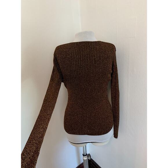 Y2K VTG Joseph A. Sweater M Metallic Bronze Thread Knit Ribbed Sexy Snug V Neck - Picture 10 of 11